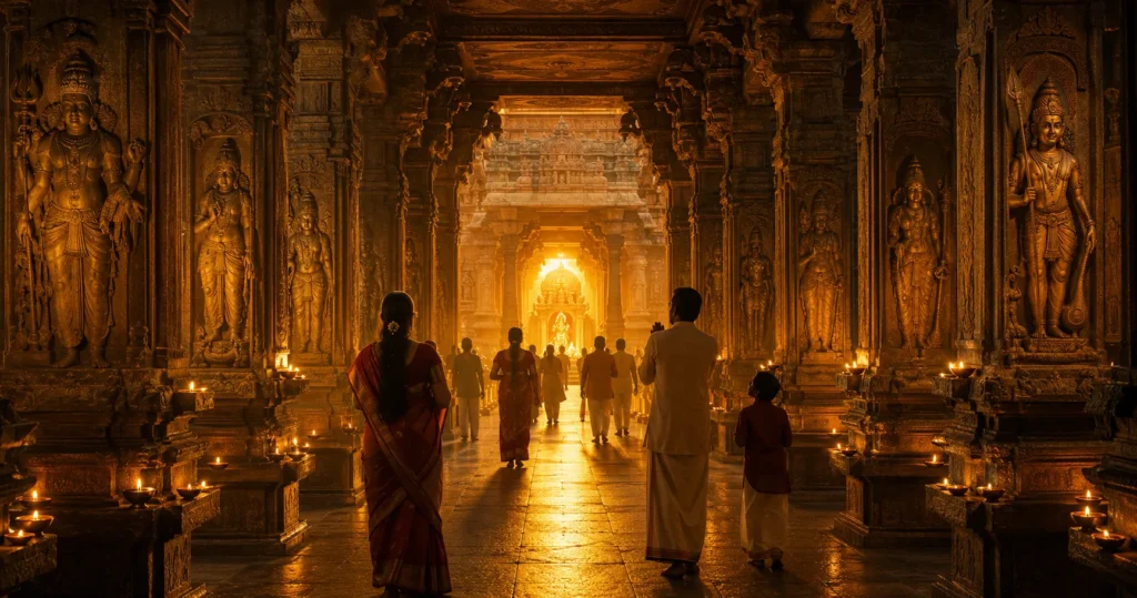 A South Indian temple corridor at dawn with devotees walking toward the inner sanctum — representing the many paths of devotion that all lead toward the same divine light தெய்வீக காதல்