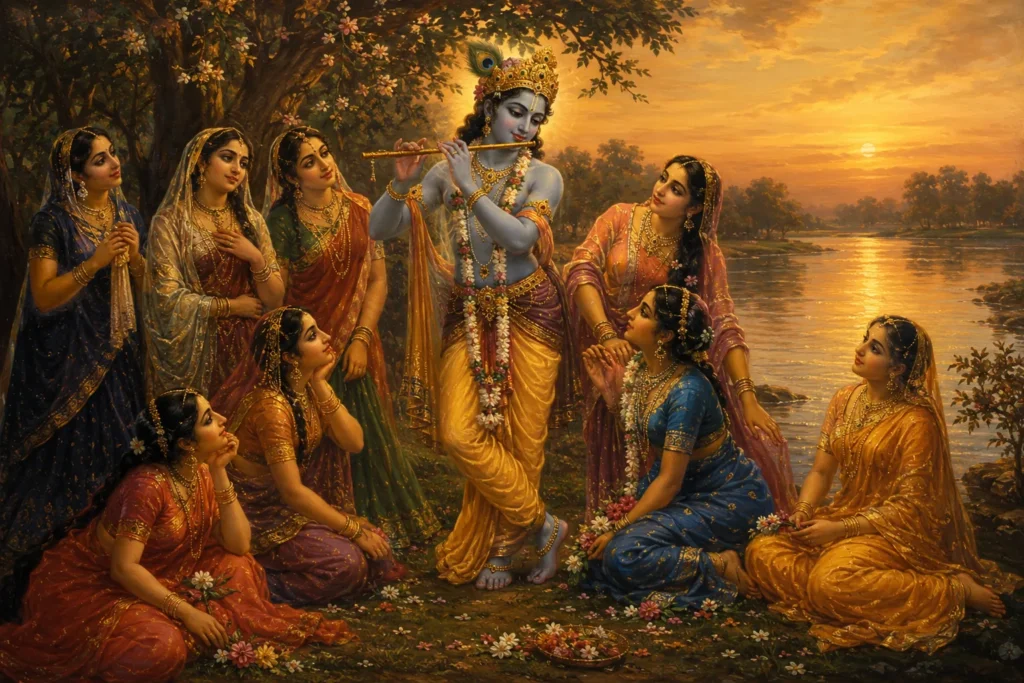 Krishna playing his flute on the banks of the Yamuna surrounded by the Gopis in Rasa Leela — the soul's irresistible movement toward the divine, in Raja Ravi Varma painting style கிருஷ்ணர்