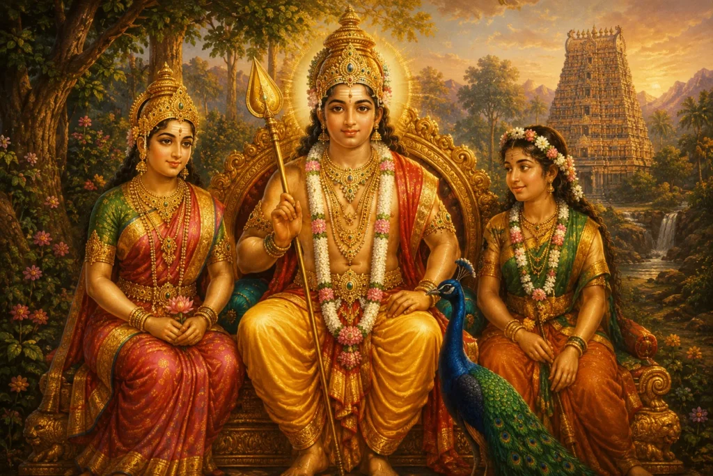 Murugan seated between Devasena and Valli — the divine union of celestial duty and earthly love in Tamil Shaiva tradition - முருகன் வள்ளி தெய்வானை