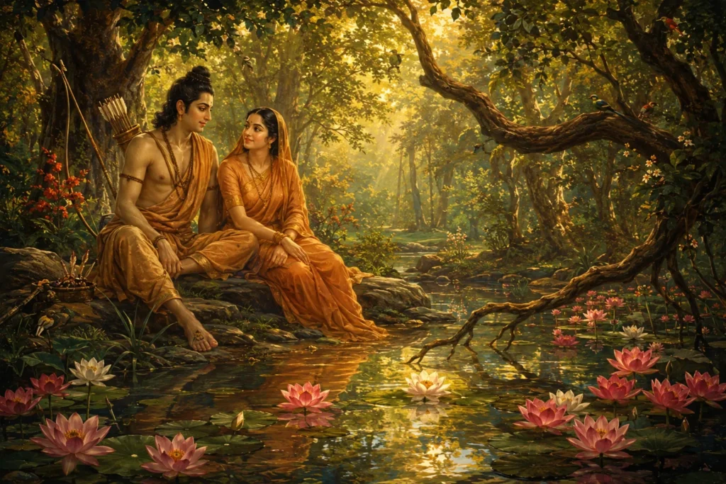 Rama and Sita seated together on the bank of a lotus-filled forest pool during their vanavasa — their eyes expressing a quiet and unshakeable love that no exile could diminish ராமர்