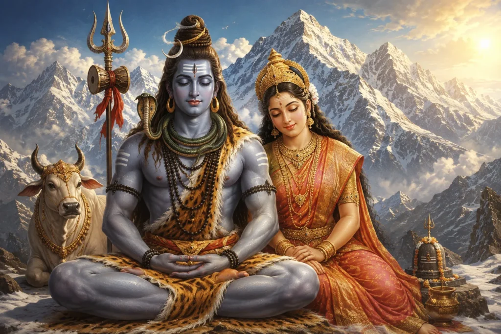 Shiva and Parvati seated together on Mount Kailash — the eternal union of pure consciousness and cosmic energy in Hindu tradition சிவன் பார்வதி