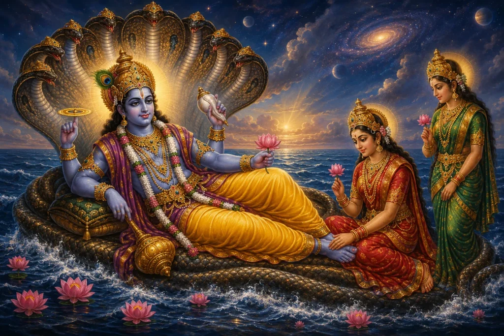 Maha Vishnu with Sri Devi and Bhu Devi — the cosmic preserver holding spiritual grace and material protection in eternal balance விஷ்ணு ஸ்ரீதேவி பூதேவி