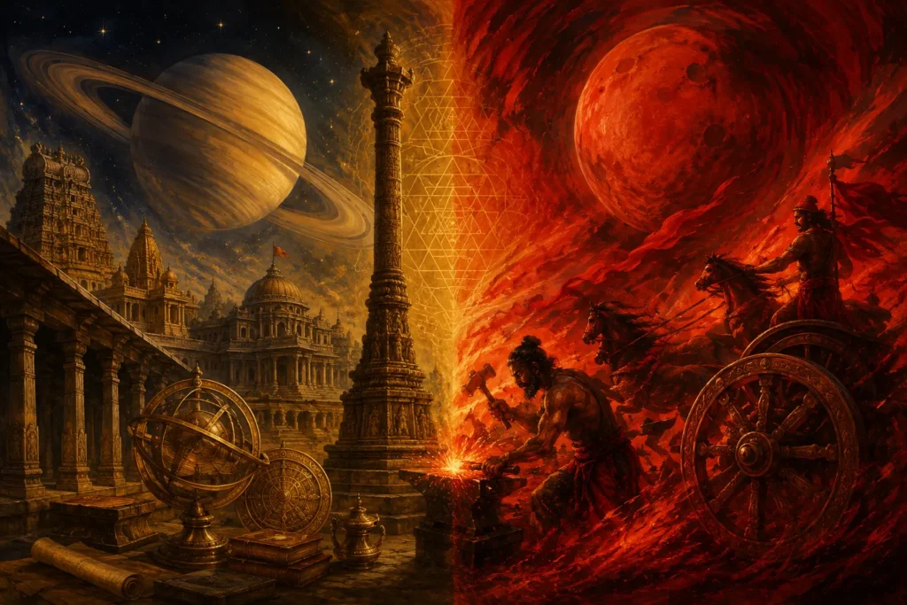 Symbolic image representing Saturn's structure and Mars's action within Dhanishta nakshatra