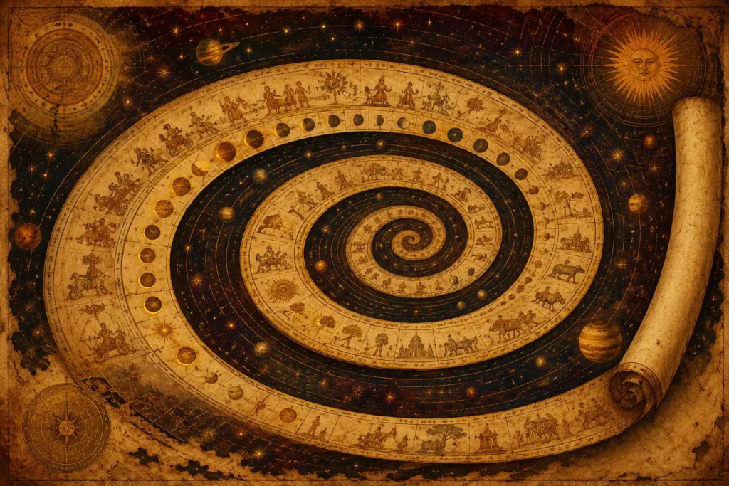 Illustrated timeline representing recurring 18.6 year Rahu transit cycles across history