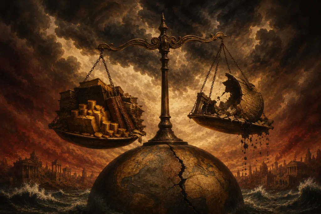 Allegorical illustration of global financial imbalance and institutional strain