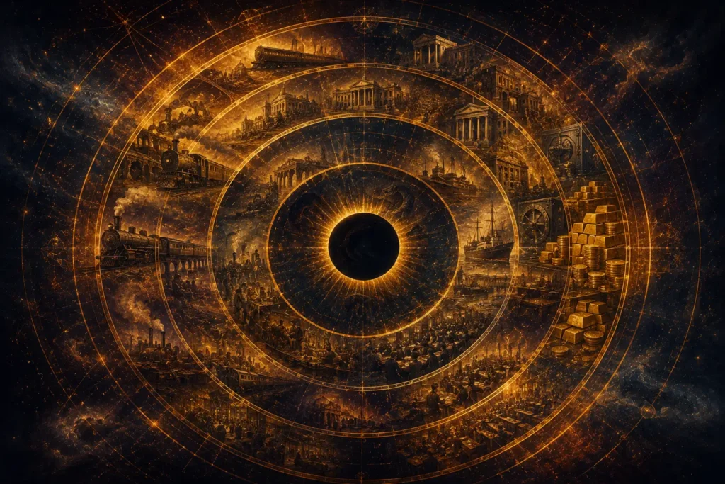 Concentric timeline illustration of recurring financial crises through Rahu Dhanishta cycles