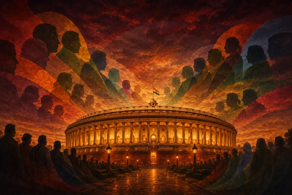 Artistic depiction of Parliament and shifting political alliances in Indian history