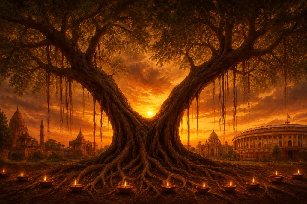 Banyan tree illustration symbolizing political realignment and institutional continuity in India