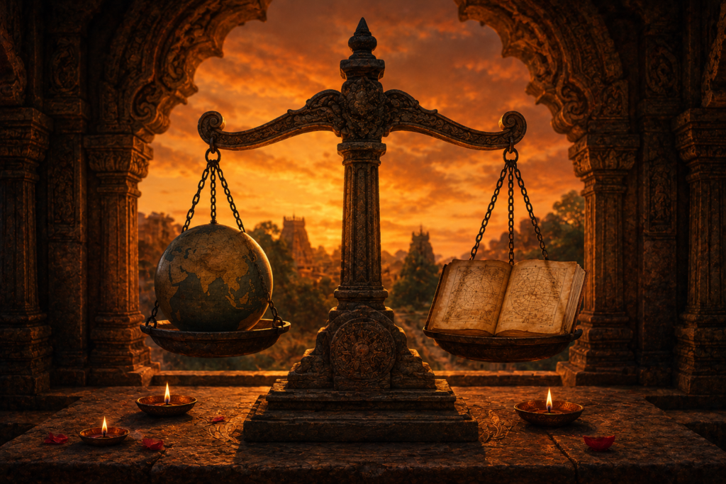 Illustration of balanced scales symbolizing evidence versus interpretation in mundane astrology