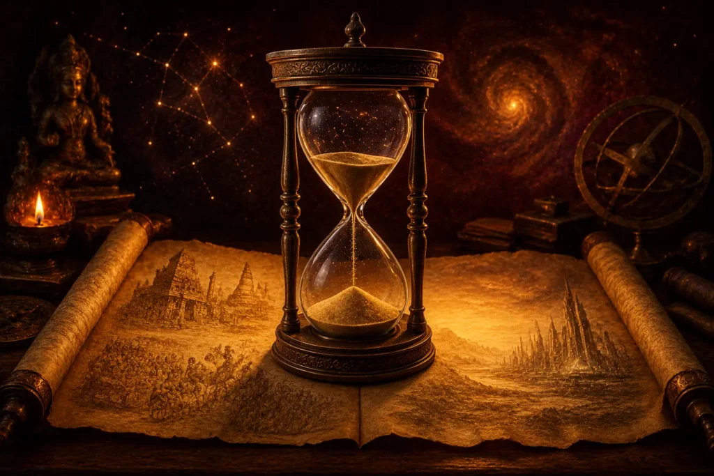 Hourglass illustration symbolizing the threshold between past cycles and the unfolding 2026 to 2027 transit