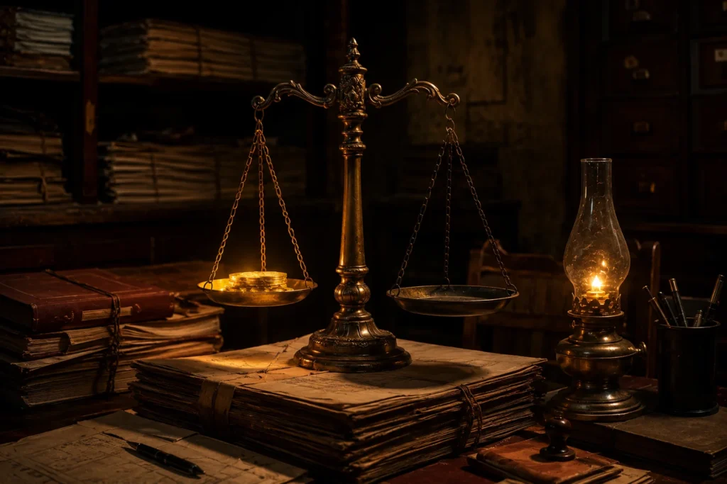 Illustration of a balance scale symbolizing institutional accountability during Saturn's retrograde audit