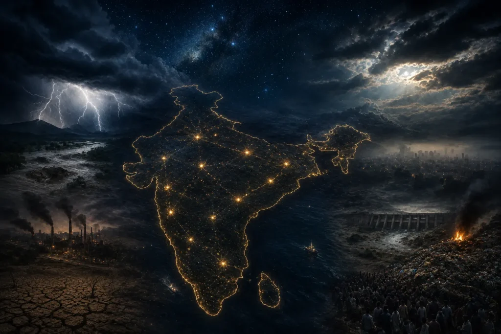Abstract map illustration representing multiple simultaneous institutional pressures across India in 2026