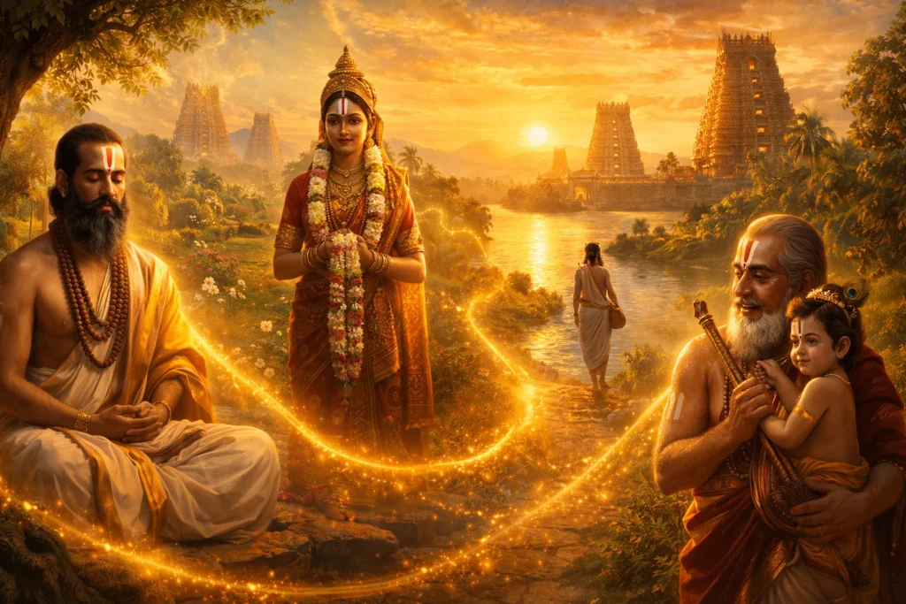 Four Lives - Azhwar saints—Nammazhwar, Andal, Thiruppaan Azhwar and Periyazhwar—depicted in devotional scenes before a Vishnu temple