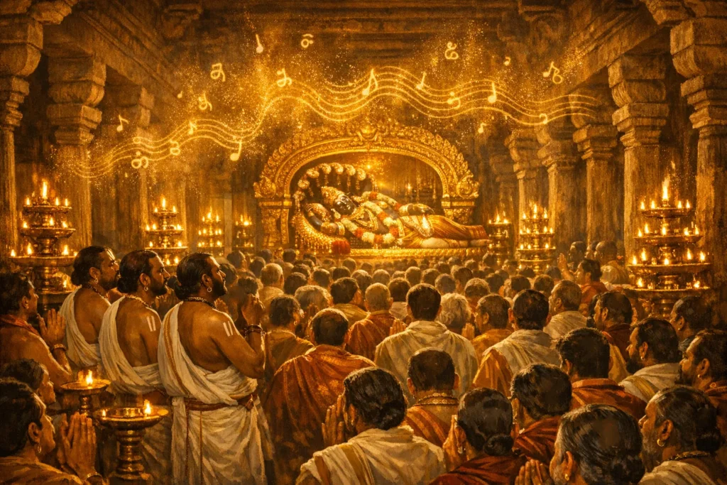 Thousands of devotees filling the ancient colonnaded halls of Srirangam temple during the Adhyayanotsavam festival, priests singing the 4,000 verses of the Divya Prabandham before the deity of Ranganatha — a tradition unbroken for over a thousand years