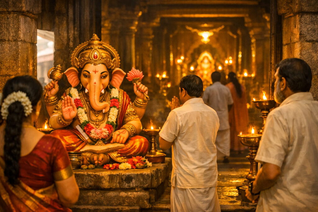 Ganapathyam - Ganesha shrine at temple entrance where devotees pause before entering the sanctum