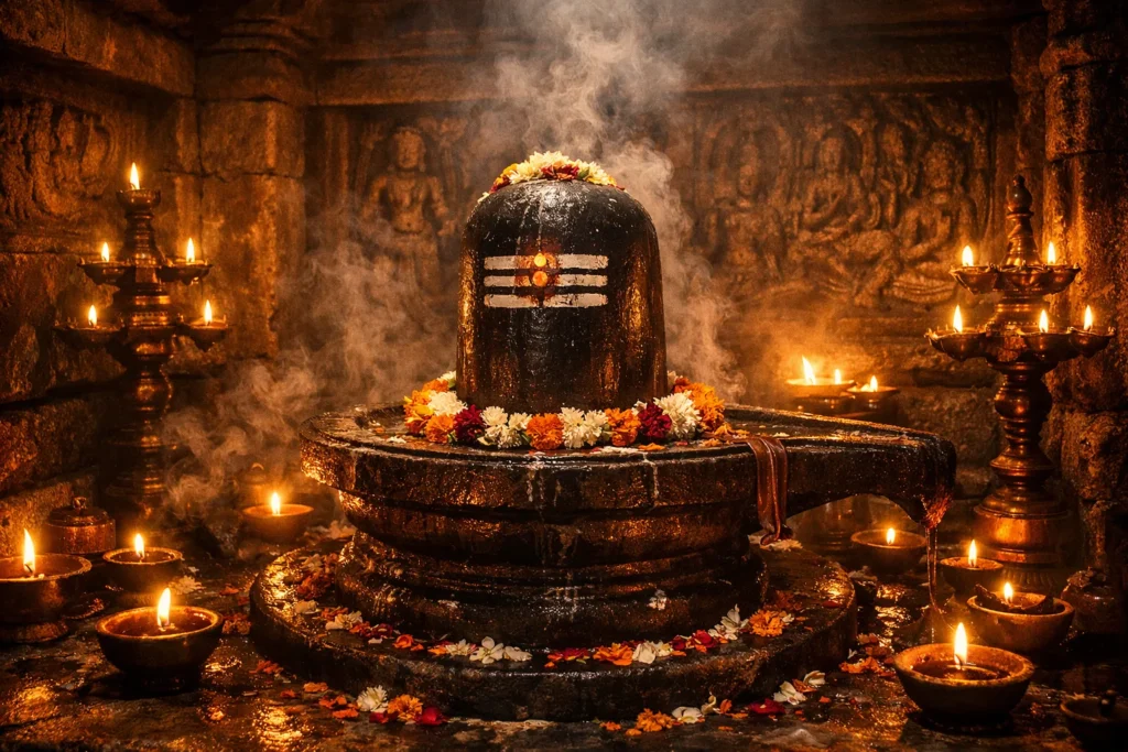 A consecrated Shiva lingam adorned with marigold and jasmine offerings, encircled by glowing oil lamps and rising incense smoke inside an ancient Tamil Nadu Shaiva temple — the sacred heart of every Padal Petra Sthalam sung by the Nayanmars