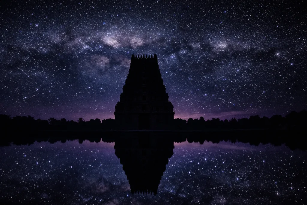 Hindu cosmology — the Vedic vision of cosmic creation before the universe. Ancient temple gopuram under a night sky — The Sacred Trails