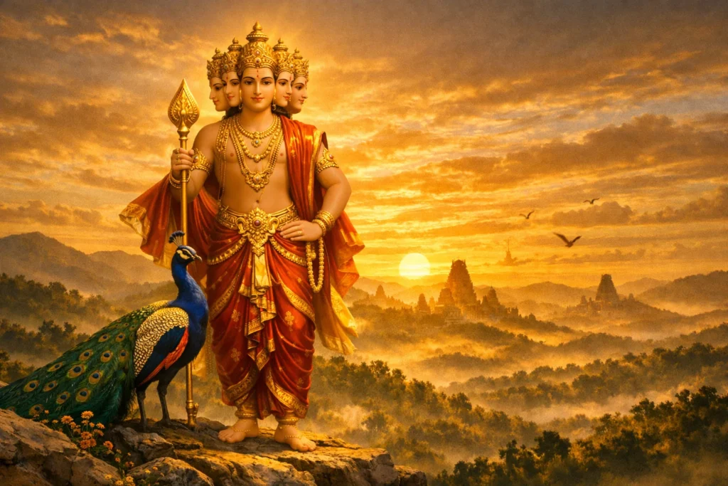Murugan standing on a hill with Vel and peacock at sunrise, representing the Tamil god of the hills and Koumaram tradition