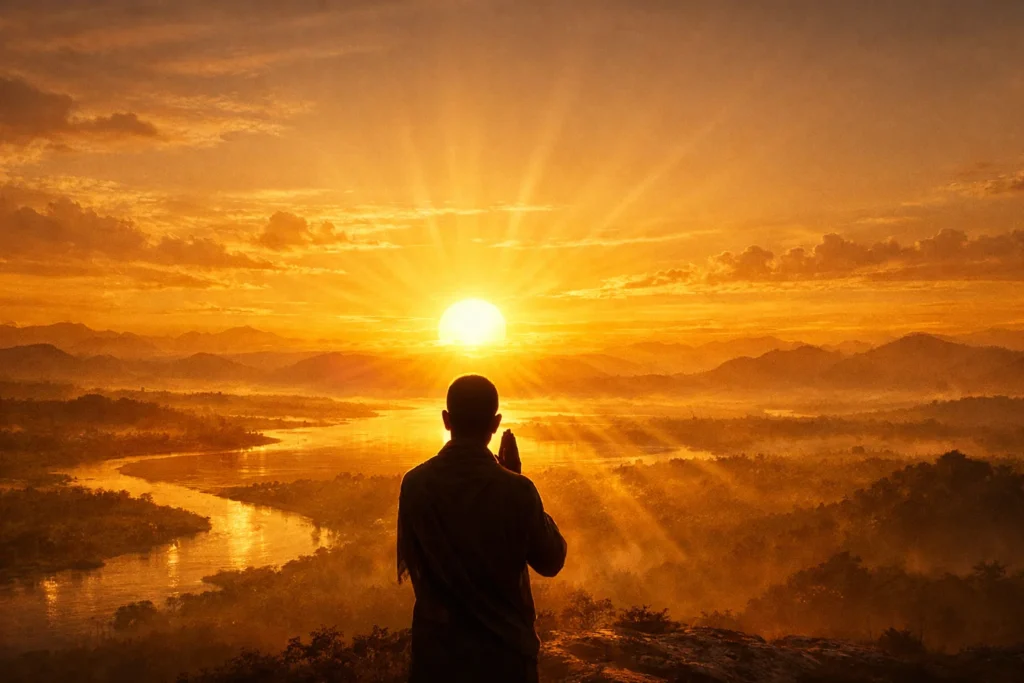 Sunrise over horizon with devotee praying to Surya, representing direct solar worship in Sowram