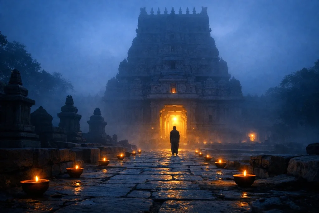 Shaiva Siddhanta: Shaiva temple entrance at dawn with a devotee pausing before entering, symbolizing philosophical reflection before worship