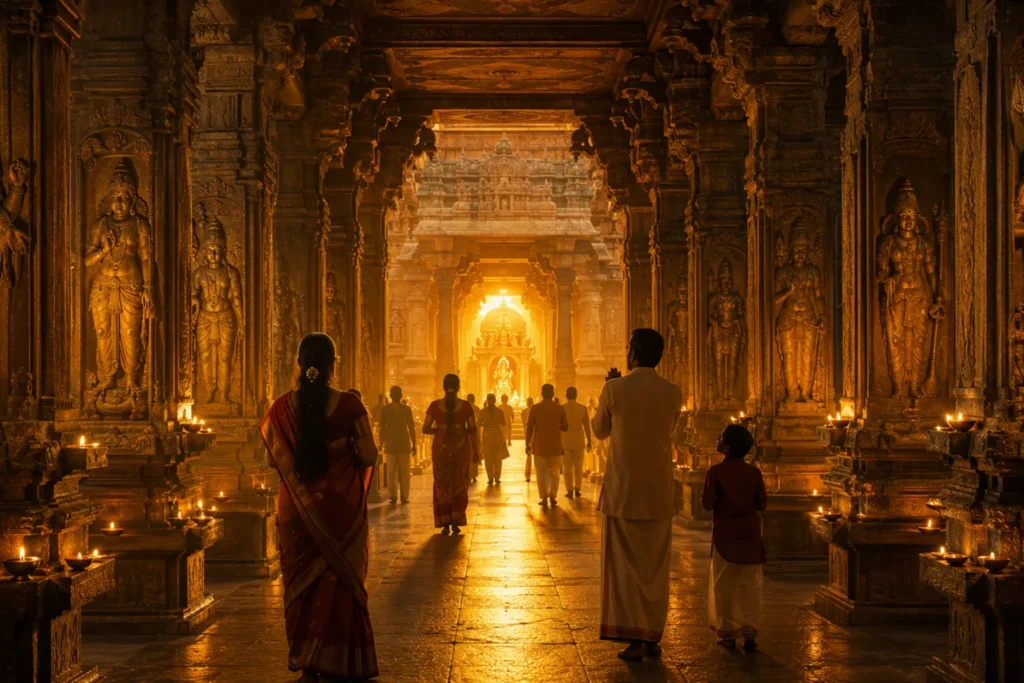 A South Indian temple corridor at dawn with devotees walking toward the inner sanctum — representing the many paths of devotion that all lead toward the same divine light தெய்வீக காதல்