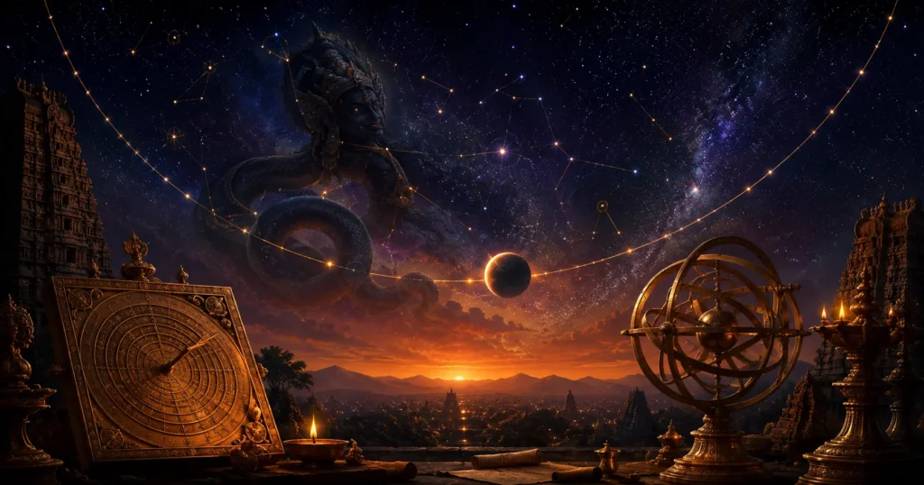 Cosmic illustration of Rahu's shadow transit through Dhanishta nakshatra between Capricorn and Aquarius