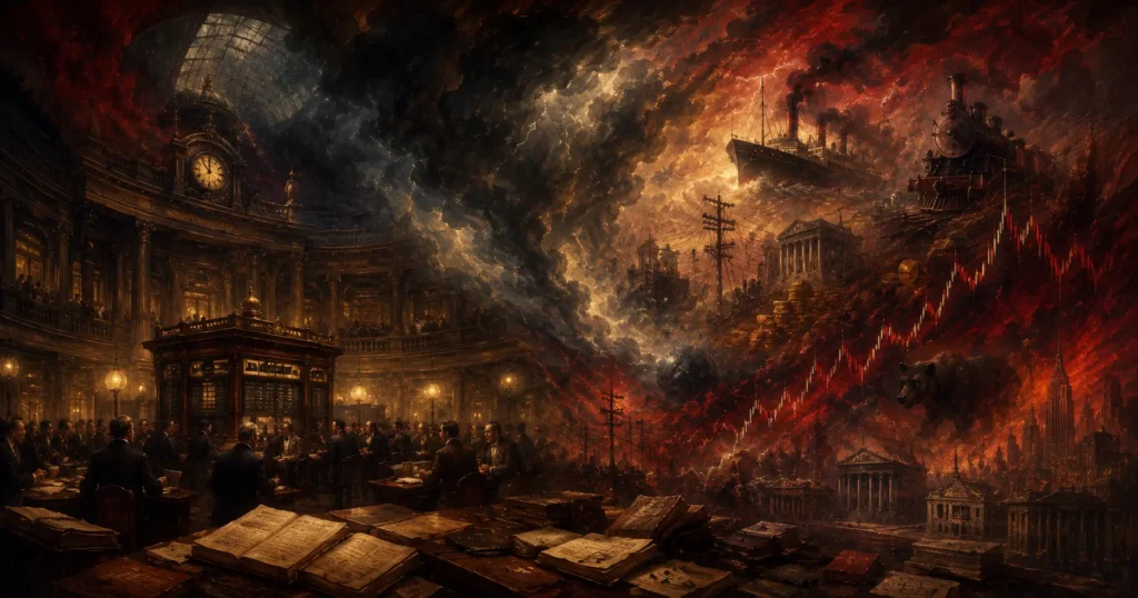 Painterly depiction of historic financial market turbulence across Rahu Dhanishta transit cycles