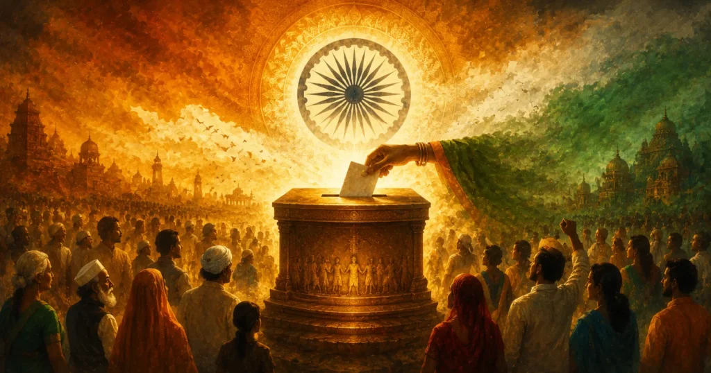 Symbolic illustration of Indian democratic institutions during Rahu Dhanishta transit periods