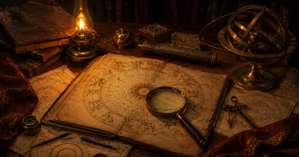 A scholar's desk illustration representing careful historical investigation of Rahu Dhanishta patterns
