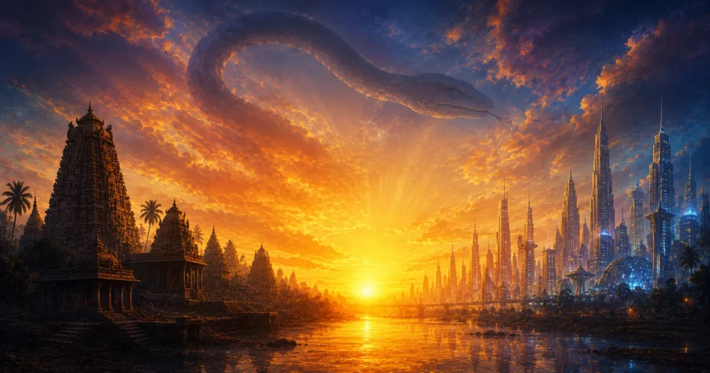 Sunrise illustration blending temple tradition and future technology for the 2026 to 2027 Rahu Dhanishta transit