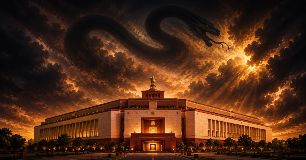 Symbolic illustration of India's Parliament under Saturn retrograde and Rahu transit through Dhanishta, 2026